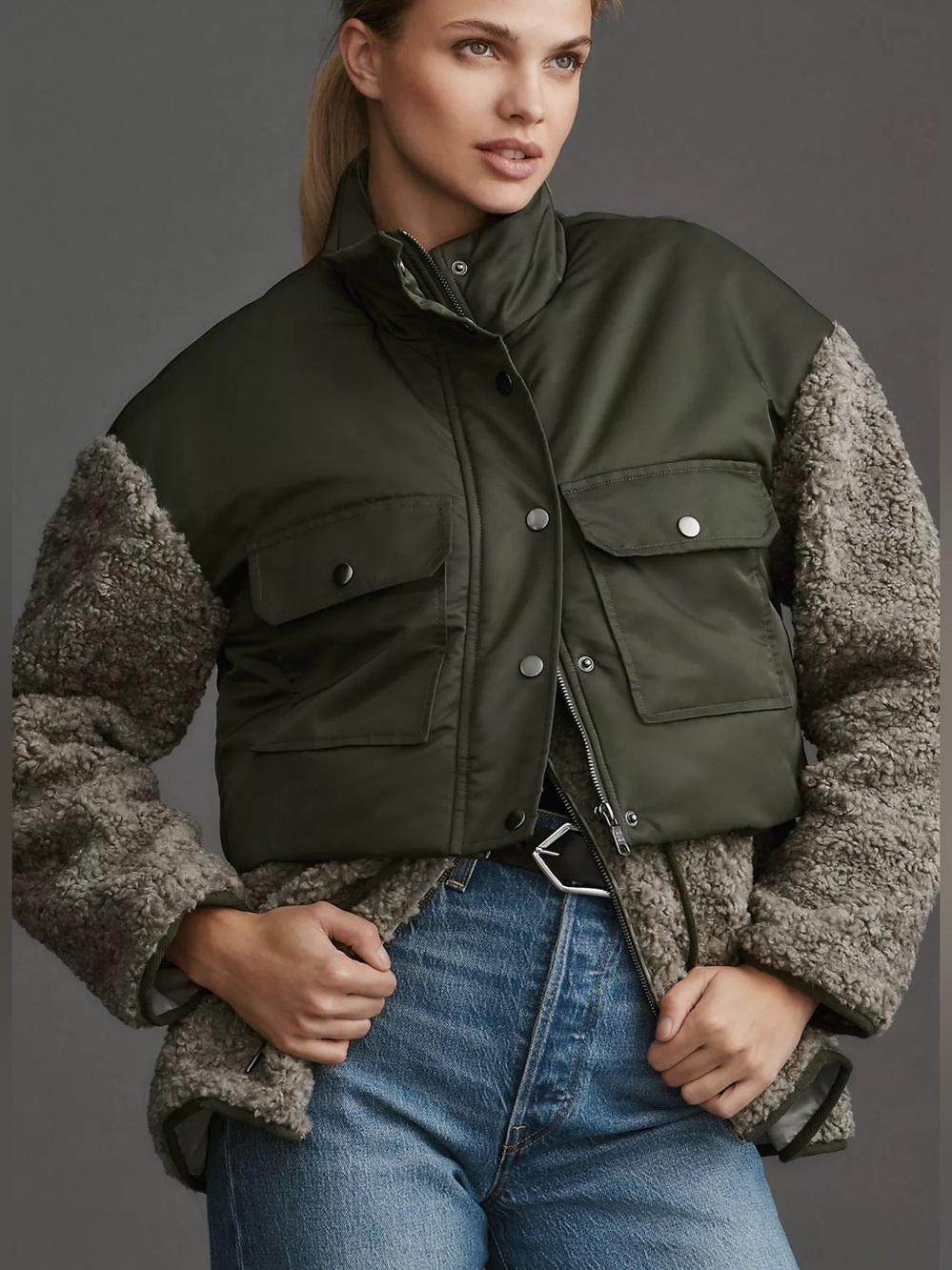 Avec Les Filles Fleece Twofer Jacket Olive Puffer Gray Sherpa Utility Coat XS